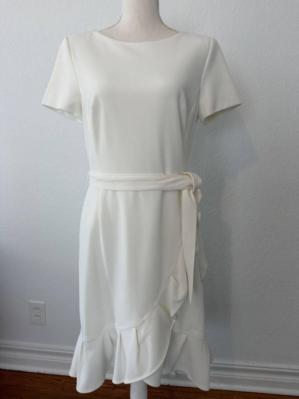 Calvin Klein Cream Self-Tie Ruffle Hem Mini Dress